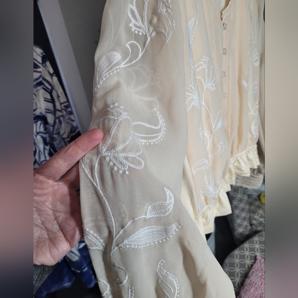 Anthropologie Bohme Embroidered Floral Button Down Sheer Sleeves Small Boho - Picture 5 of 8